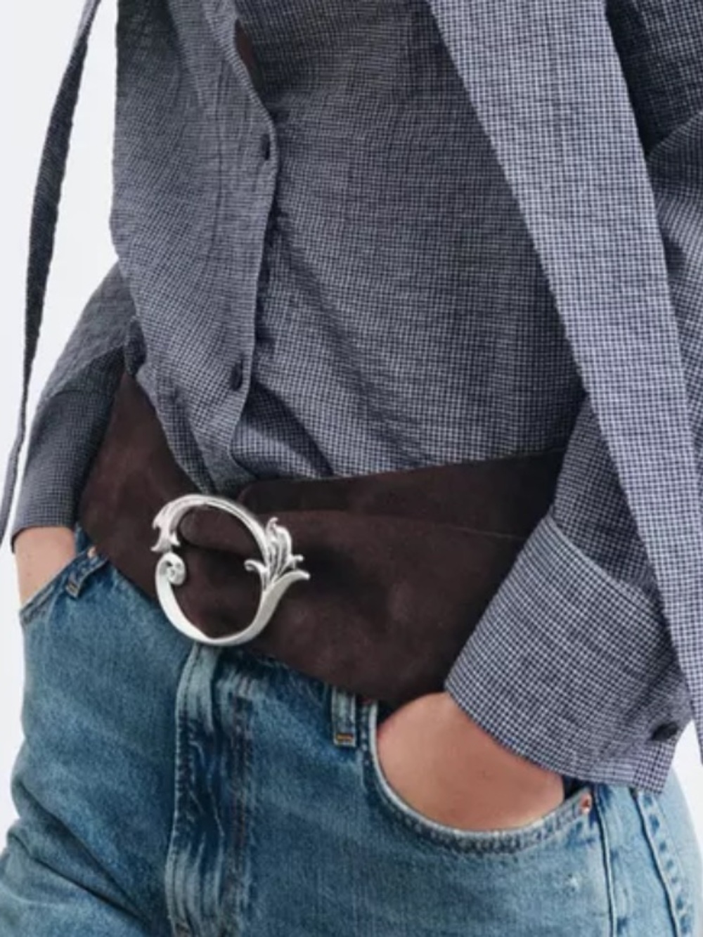 Zara Brown Suede Wide Belt with Ornate Silver Oval Buckle